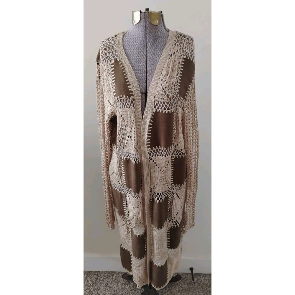 Chico’s Women’s Crochet Open Front Duster Cardigan Beige Brown Patchwork Sz 2 L